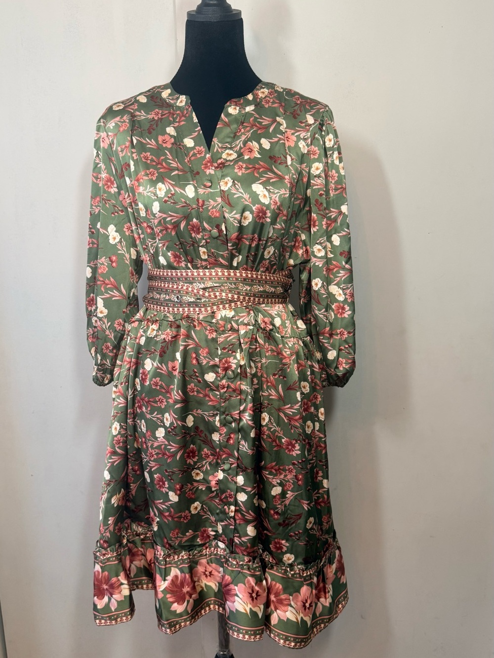 Joie Olive Green bohemian Floral Long Sleeve Midi Dress
